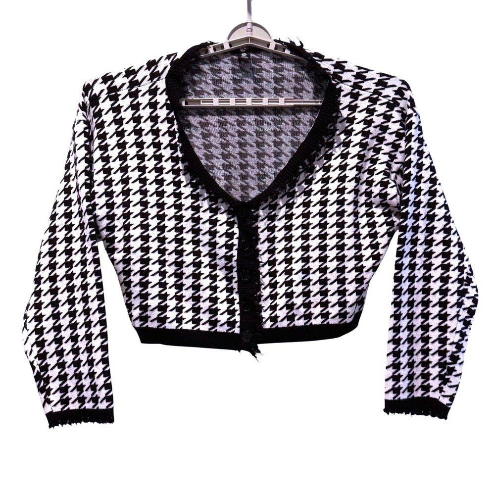 Ashley Stewart Houndstooth Cropped Cardigan Sweater Black White Plus Size 22/24